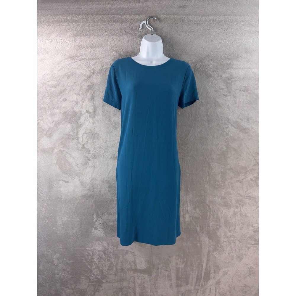 Eileen Fisher Dress Womens Size XXS Blue Short Sleeve Stretch Minimalist